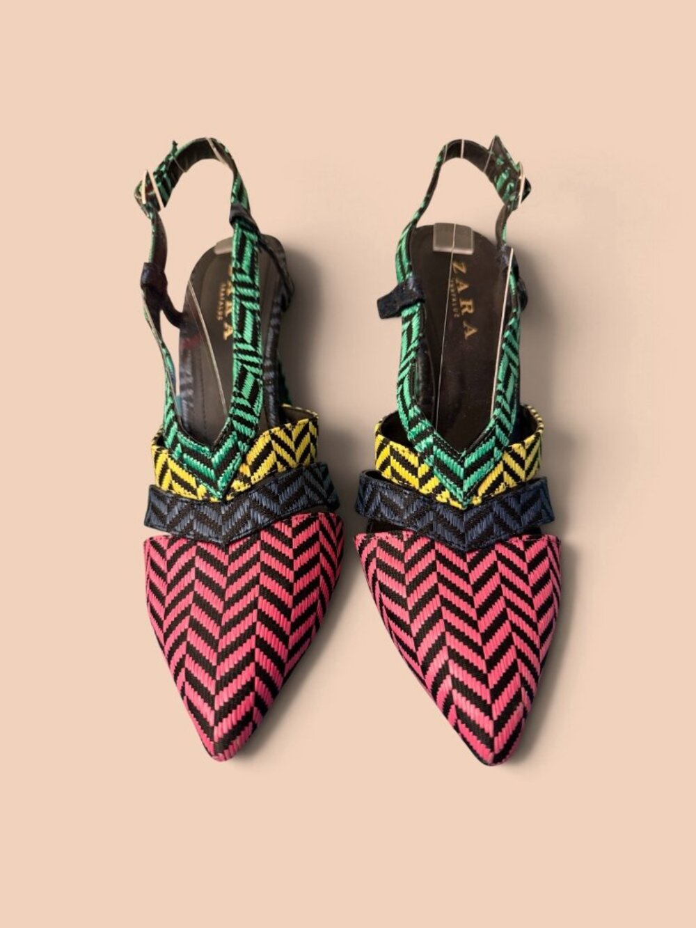 Zara Trafaluc Multicolor Herringbone Woven Slingback Heels Sz 40 (US 9)